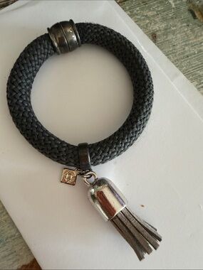 Braided grey rope Bracelet with leather tassel. Modern